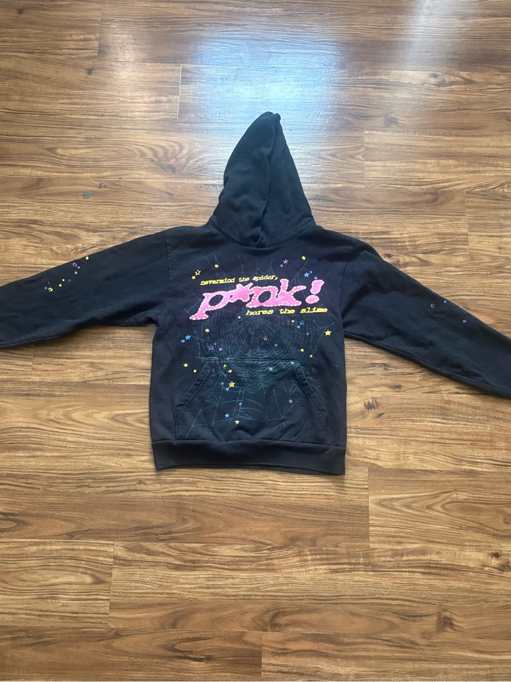 Black Spuder Hoodie with Pink "pink!" Graphic and Star Accents